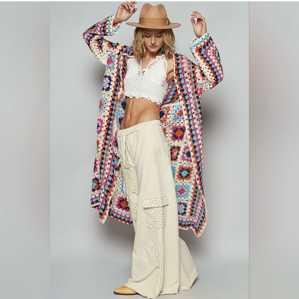 POL Rainbow Granny Squares Boho- one knit- Multicolor Crochet Long Cardigan